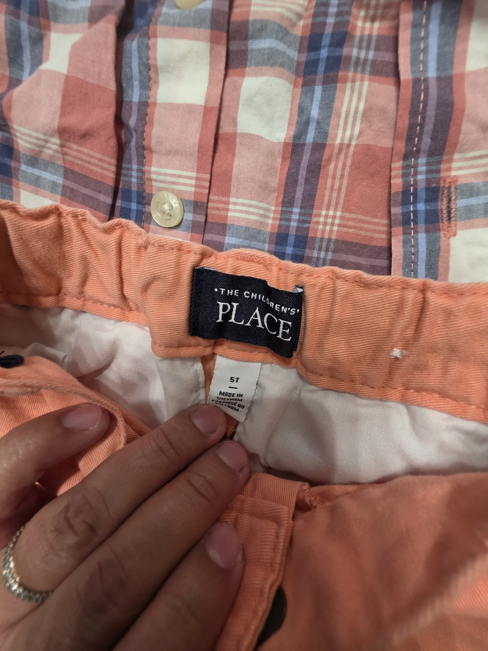The Children's Place Pink Plaid Button-Down Shirt with Coral Shorts